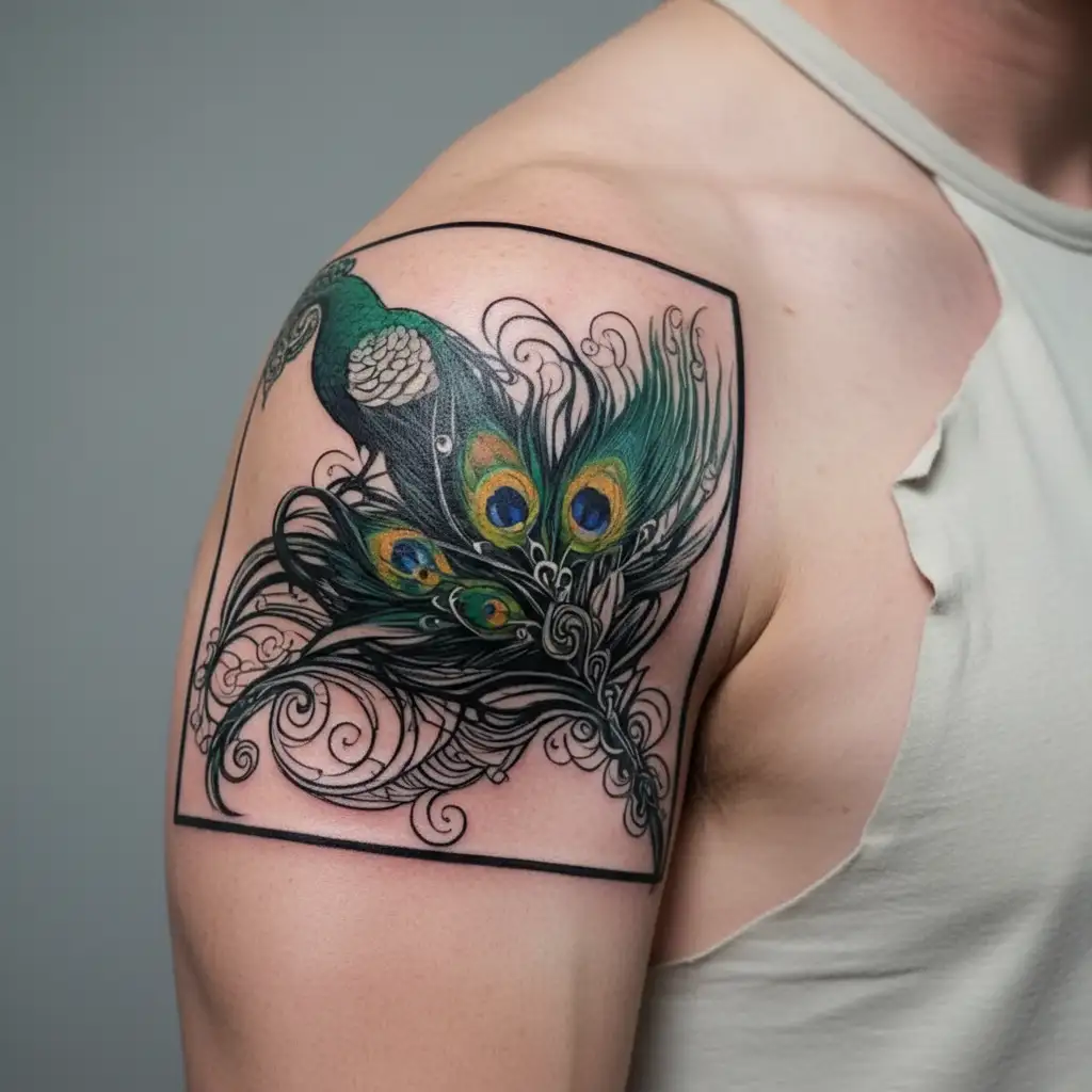 peacock feather with flute and a charater R which accommodate caracter A within  tattoo design idea