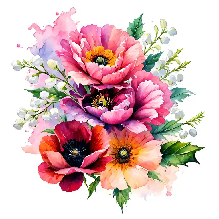 flower swag tattoo featuring daisy, lily of the valley, peony, poppy, and holly tattoo design idea