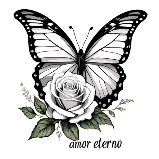 couples tattoo design featuring a white butterfly, a white rose, and the words amor eterno tattoo design idea