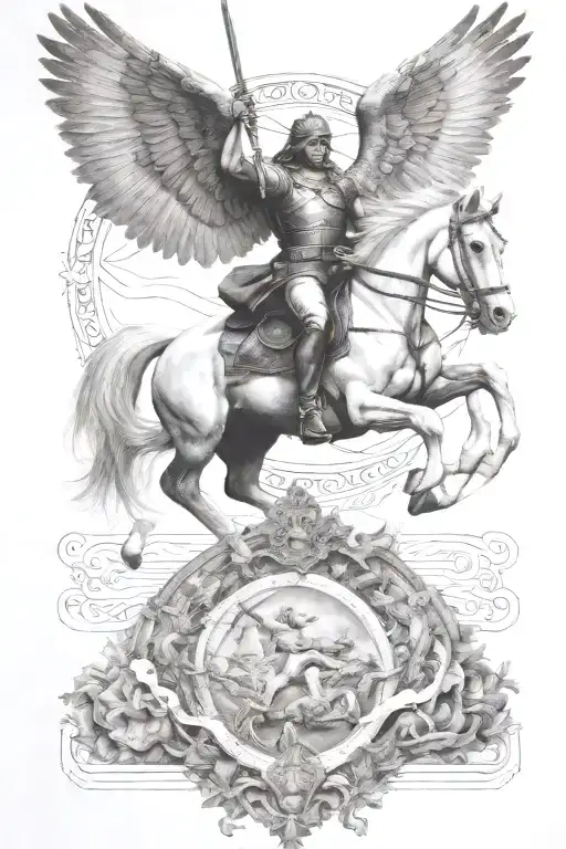 angel ride horse galloping through the war scene tattoo design idea