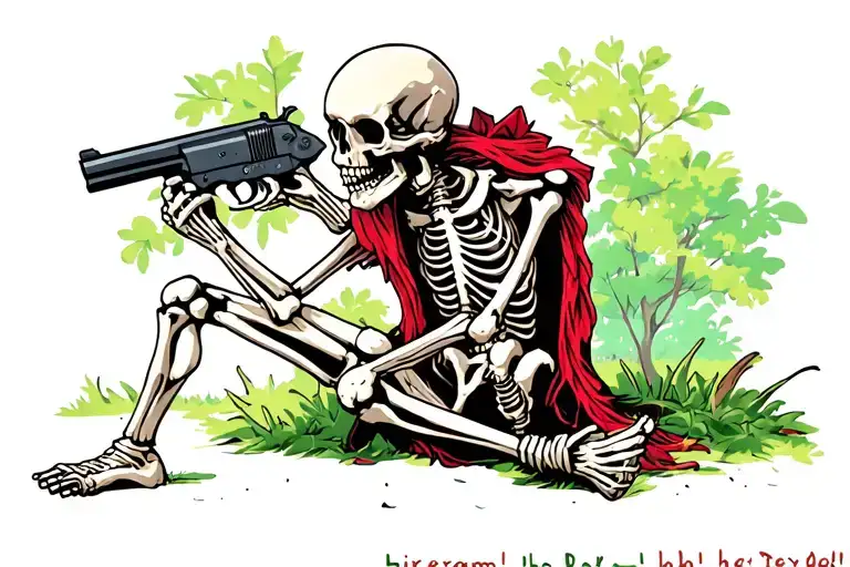 sad skeleton sitting at park alone with gun at head screaming hey Bob!!! tattoo design idea