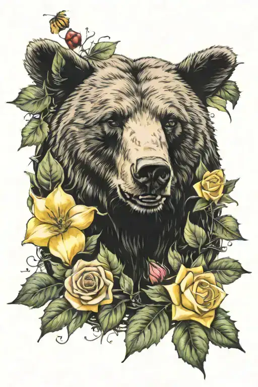 bear face surrounded by holly, hazel leaves, roses and daffodils with no black out tattoo design idea