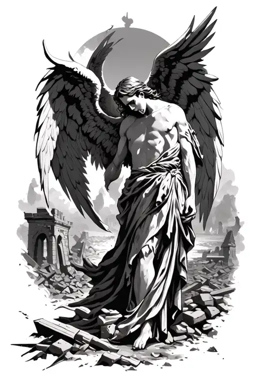 behind arch angel gabriel standing in ruins with hurt wings fighting demons and protecting heaven back tattoo tattoo design idea