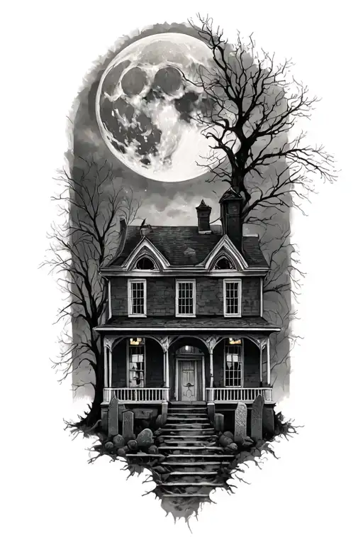 Salem witch trials, house of the seven gables, and jacob marley, gravestones, full moon, witches, 1692. tattoo design idea