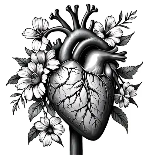 anatomically correct heart growing birth month flowers for February, June and November out of pulmonary trunk and aorta tattoo design idea