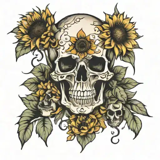 sunflower and skull and rockabilly  tattoo design idea