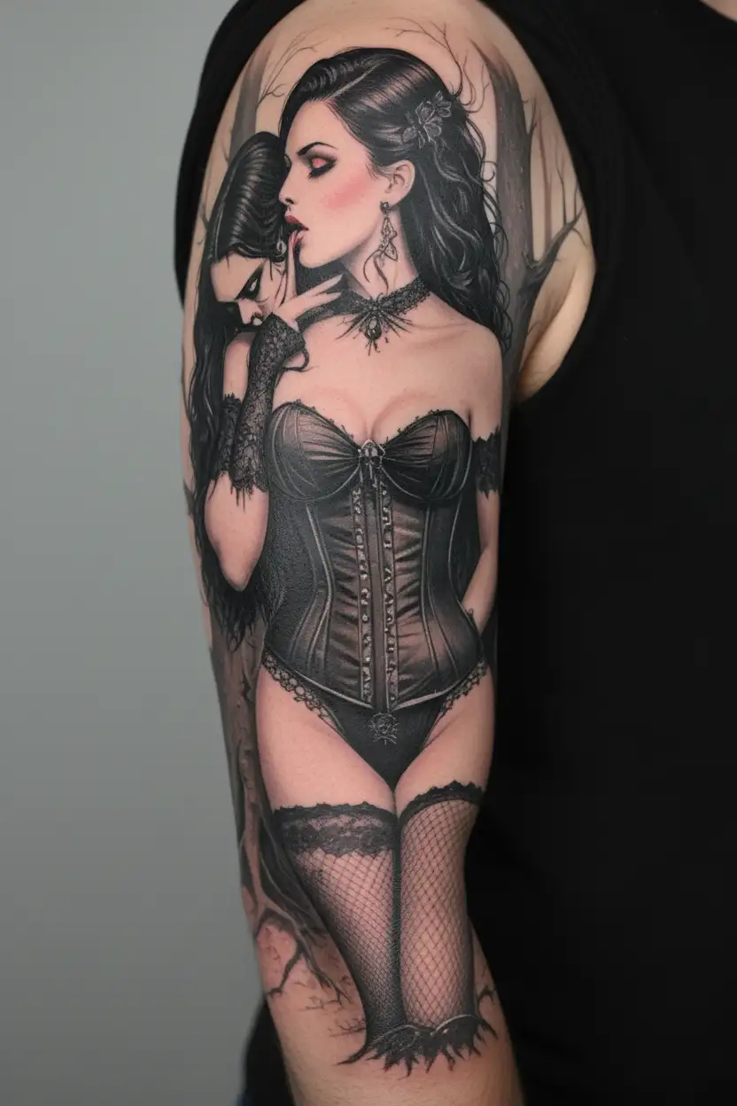 realistic scene in woods of a sexy gothic pinup girl waering corset and fishnets  male vampire bitting her neck tattoo design idea