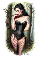 realistic scene in woods of a sexy gothic pinup girl waering corset and fishnets  male vampire bitting her neck tattoo design idea