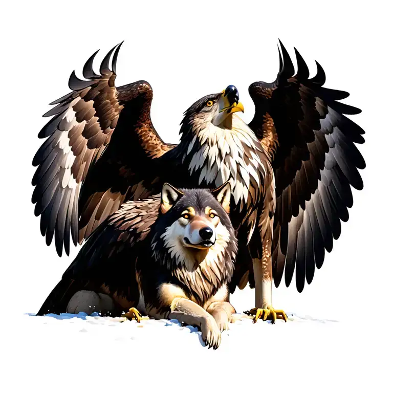 one eagle with wings spread covers a wolf looking up like its protecting the wolf tattoo design idea