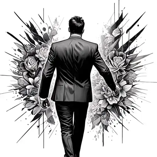 A black and white illustration in a detailed, stippled style. The foreground features a man in a suit walking away from  tattoo design idea