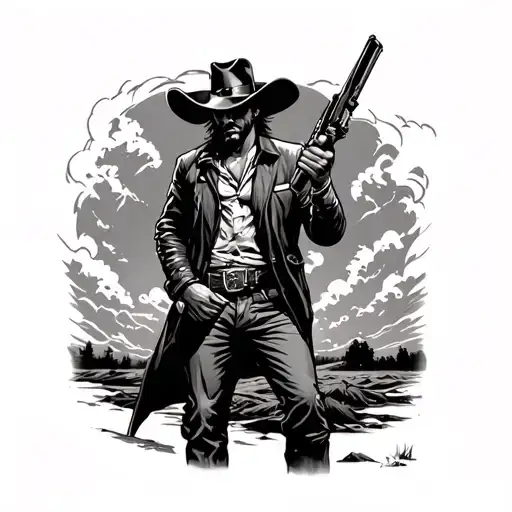 outlaw gunslinger standing against a storm tattoo design idea
