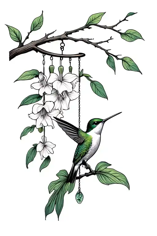 branch with windchime hanging with philodendron leaves and gladiolus hummingbird getting nectar  tattoo design idea