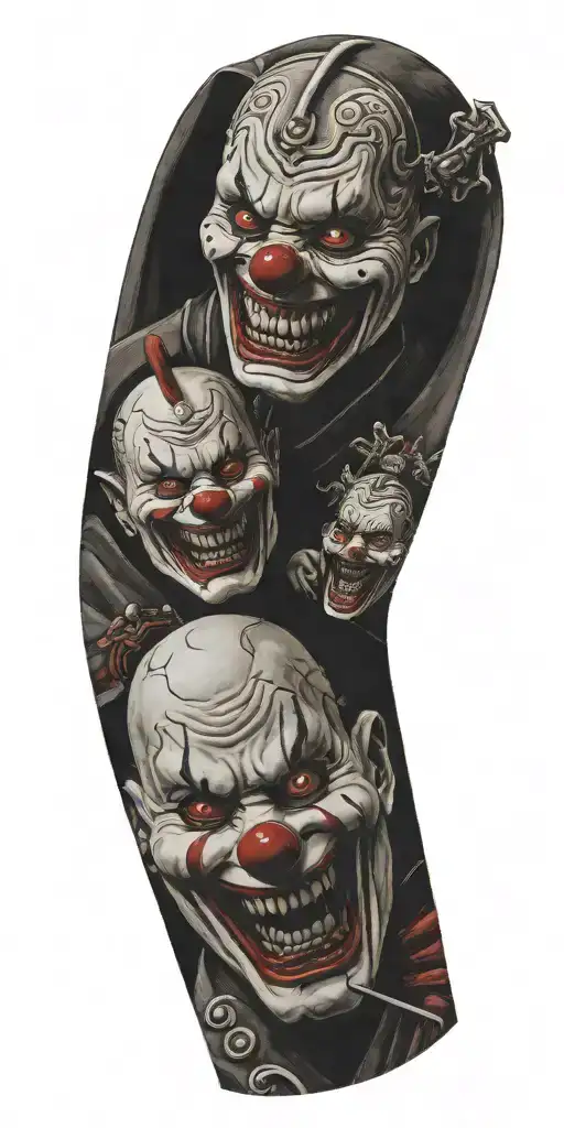 samurai mask with nun praying and clown laughing in scene  tattoo design idea
