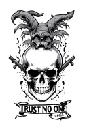 trust no one skull and dager scary American traditional black and grey tattoo design idea