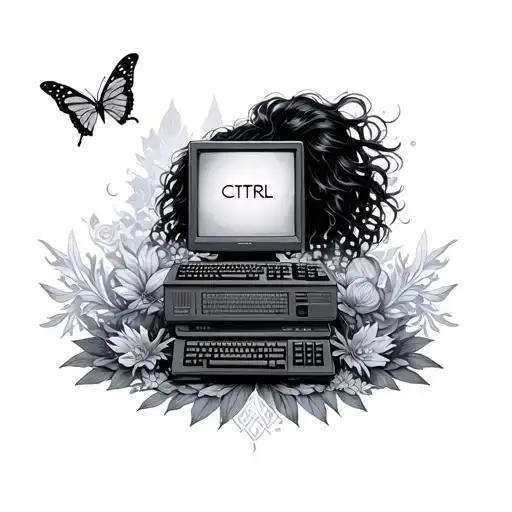 Sza album CTRL inspired tattoo featuring stacked computers with butterfly and ethereal elements  tattoo design idea