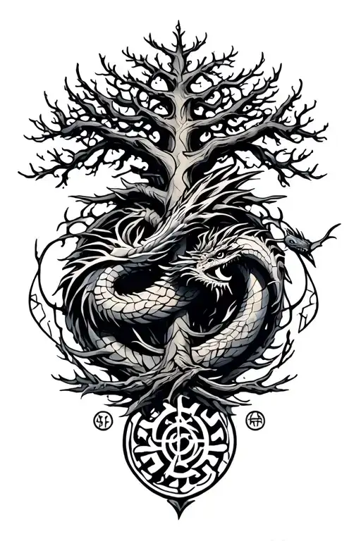nordic tree of life with a nordic dragon wrapped around and runes surrounding it tattoo design idea