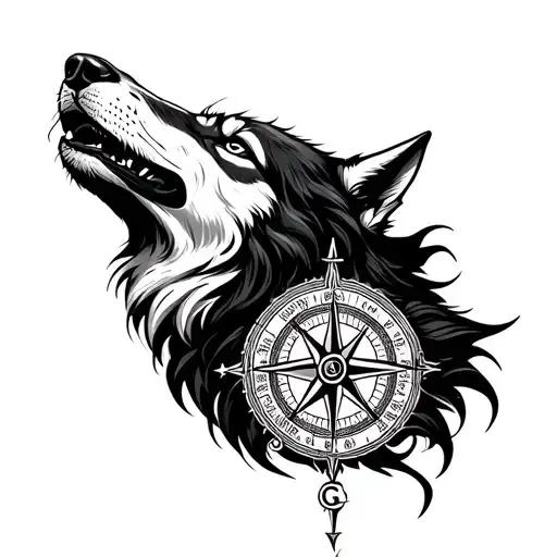 realistic howling wolf with detailed compass surrounded tattoo design idea