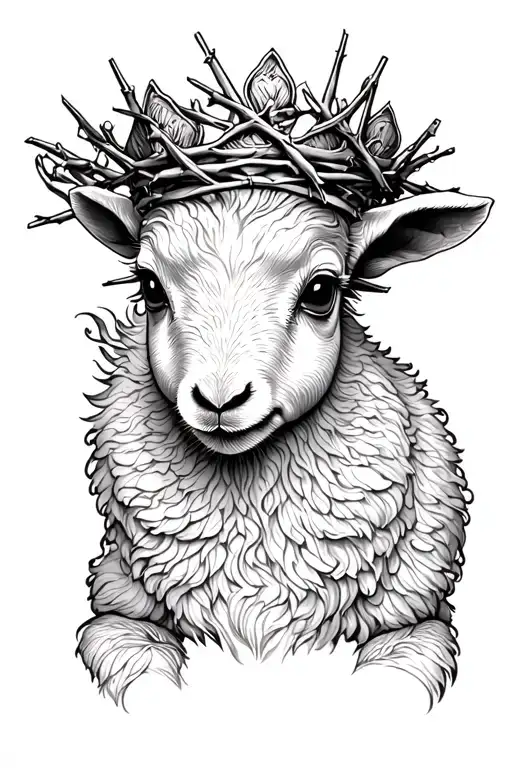 A detailed blackwork tattoo of a baby lamb wearing a crown of thorns tattoo design idea