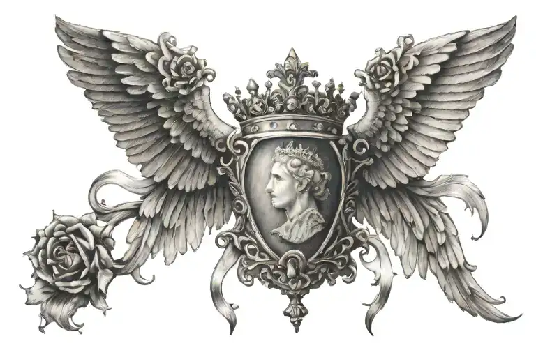 queen crown with one angel wings spread wide tattoo design idea