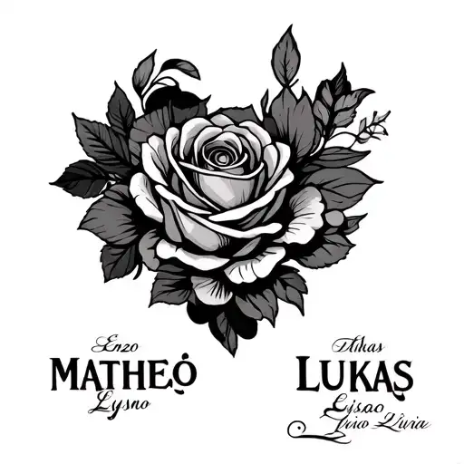 A tattoo with life three motif that includes the first names Matheo Lukas Enzo Thao Lyssana Eliseo Lucine Livio tattoo design idea