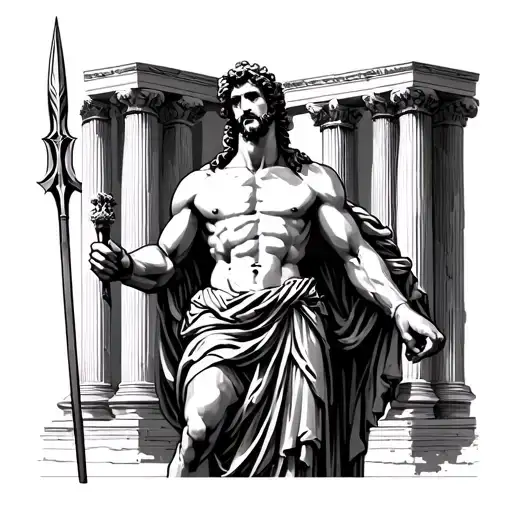 Adonis Greek god with spear in hand. Classical style god. Pillars in background tattoo design idea