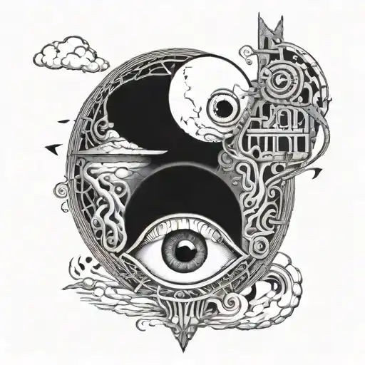 dark sky with giant evil eye, below the ground 3 heads that connect tattoo design idea