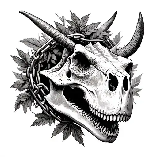 triceratops skull trapped in chains with foliage tattoo design idea