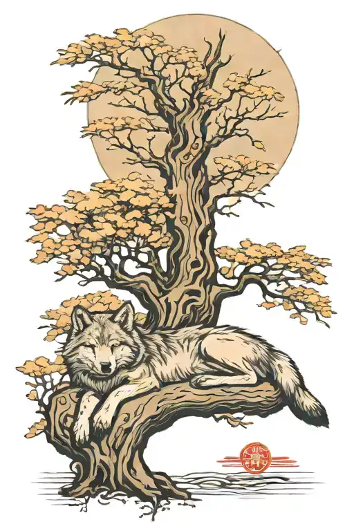 wolf sleeping near to a tree growing tattoo design idea