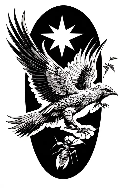 a phoenix flying under a philant star brings a leaf of lorium in its beak to a single ant tattoo design idea
