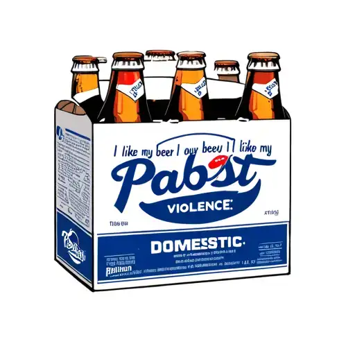 A 6 pack of Pabst Blue Ribbon with text above it that says "I like my beer how I like my violence: Domestic" tattoo design idea