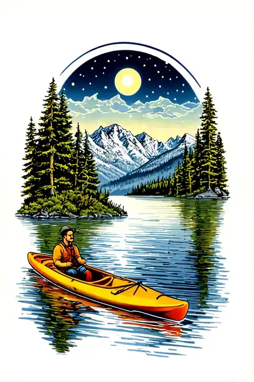 alpine landscape at night with kayak on a lake tattoo design idea