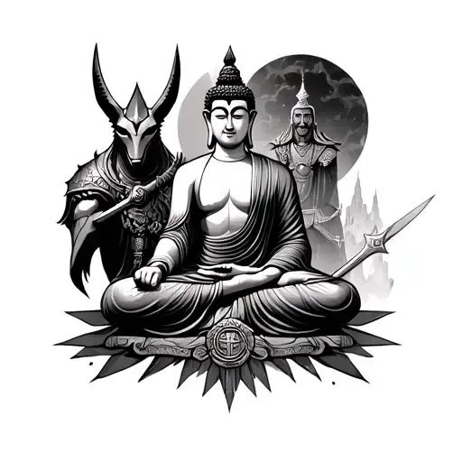 lord buddha in middle and protected by anubis ,a knight with lower sward ,zeus ,a samurai and azazel tattoo design idea