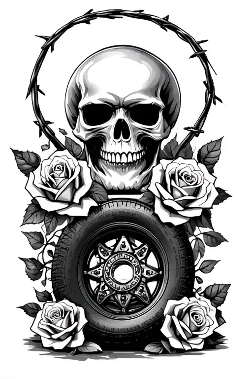 barbedwire, evil, scary, roses, gamble, skull, engine, tires tattoo design idea