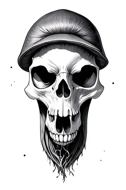 crow skull with ink cap mushrooms growing tattoo design idea