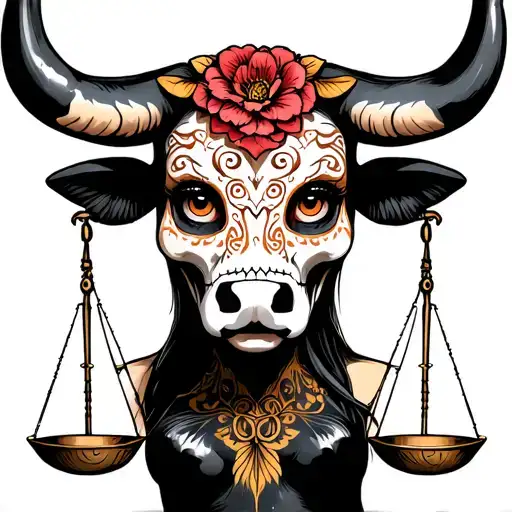 woman body bull with sugar skull markings, brown eyes and two Libra scales and dark background tattoo design idea