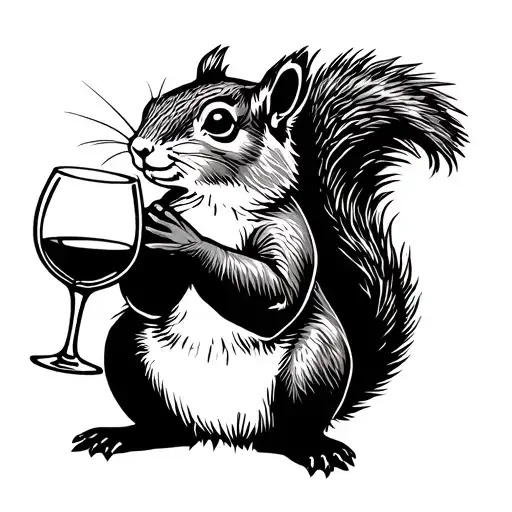 Squirrel sitting, in profile, holding a glass of red wine in its paw. The line is black, slightly cartoony without bein tattoo design idea