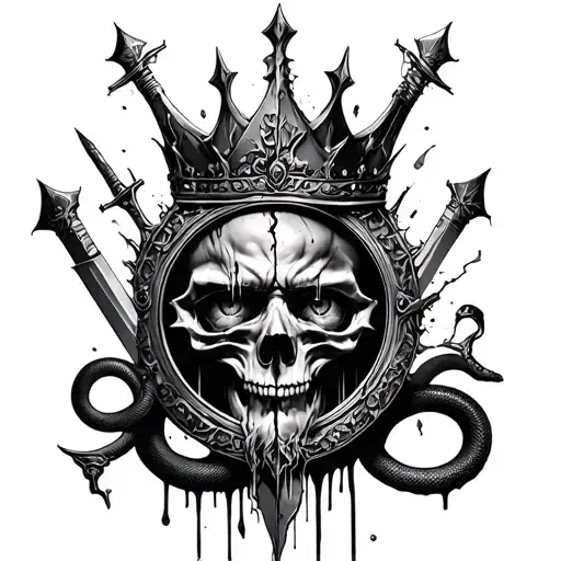 Realistic black and grey fallen king with broken crown, bleeding eye, cracked sword, skulls, shattered mirror, and snake tattoo design idea