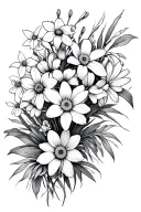 whispy Japanese style flower bouquet for hip with daffodils, snow drops, daisies, chrysanthemums, violets, gladiolus tattoo design idea