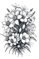 whispy Japanese style flower bouquet for hip with daffodils, snow drops, daisies, chrysanthemums, violets, gladiolus tattoo design idea