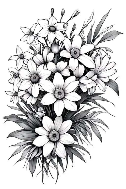 whispy Japanese style flower bouquet for hip with daffodils, snow drops, daisies, chrysanthemums, violets, gladiolus tattoo design idea