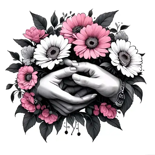 pinky promise hands holding flowers blooming tattoo design idea