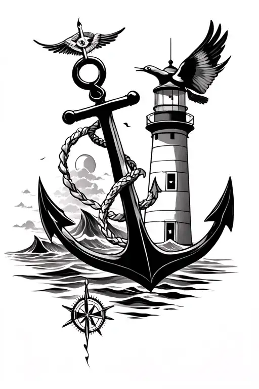 black seawoman, anchor, Compass rose, bird, lighthouse tattoo design idea