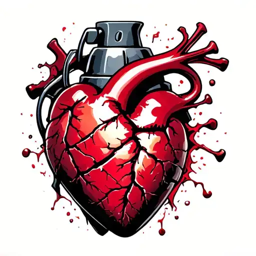 I'm looking for a stylized illustration of a grenade heart that's cracked open, revealing a unique and creative twist. I tattoo design idea