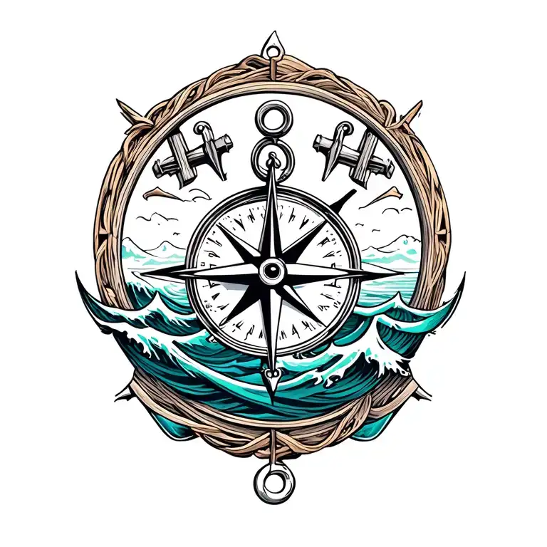 compass with anchor and ocean waves tattoo design idea