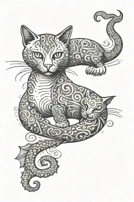 cat dog and seahorse gracefully swimming tattoo design idea
