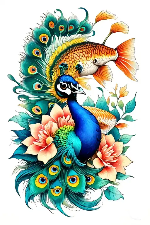 a peacock, a fish and a flower in a japanese tatoo style  tattoo design idea