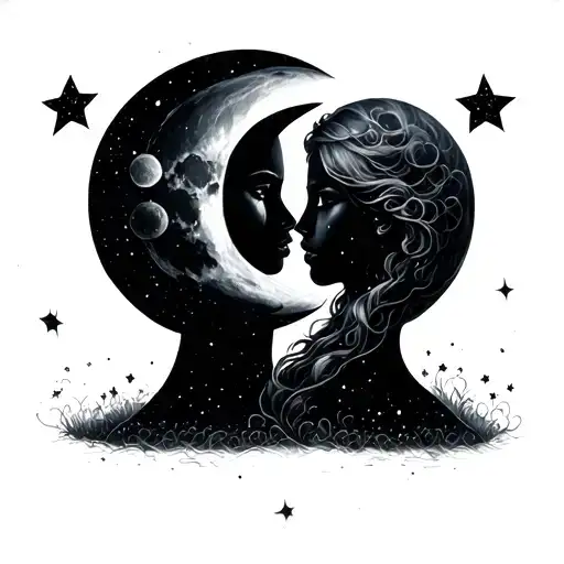 gemini and moon merging together tattoo design idea