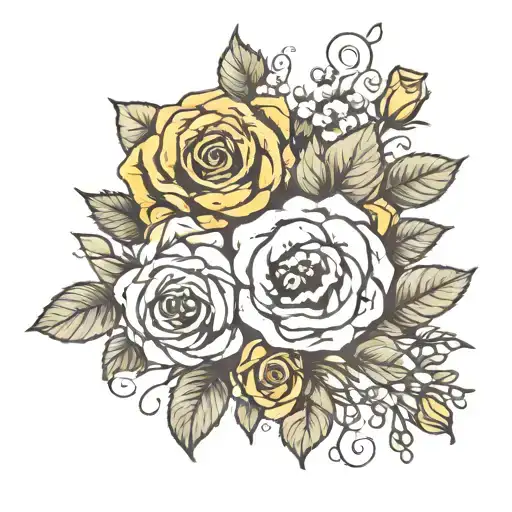 roses baby breath pansies and sunflower  tattoo design idea