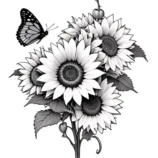sunflowers with large bleeding  hearts and a butterfly  tattoo design idea