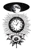 waning moon merging with the sun rays shining behind clock set at 2.09pm with an aster flower tattoo design idea